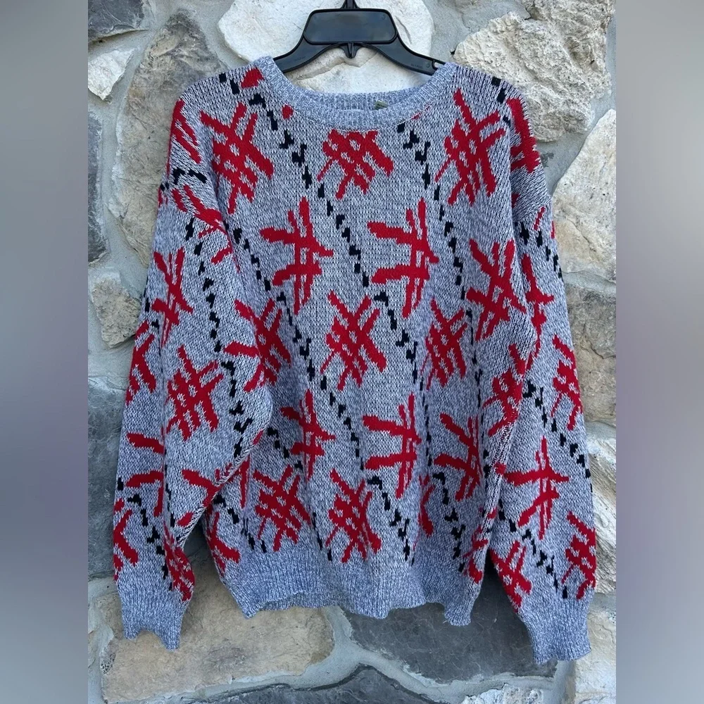 Vintage Mens Knit Sweater By Nicolas Allen Size L Unique Abstract Graphic Artsy